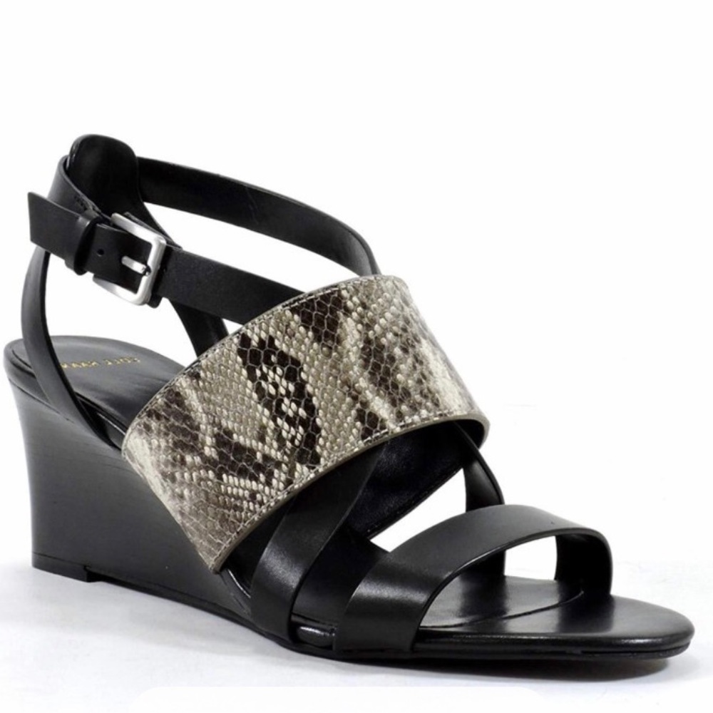 Cole Haan Helena Leather Snake Embossed Platform Wedge Sandals Shoes Slides Mule